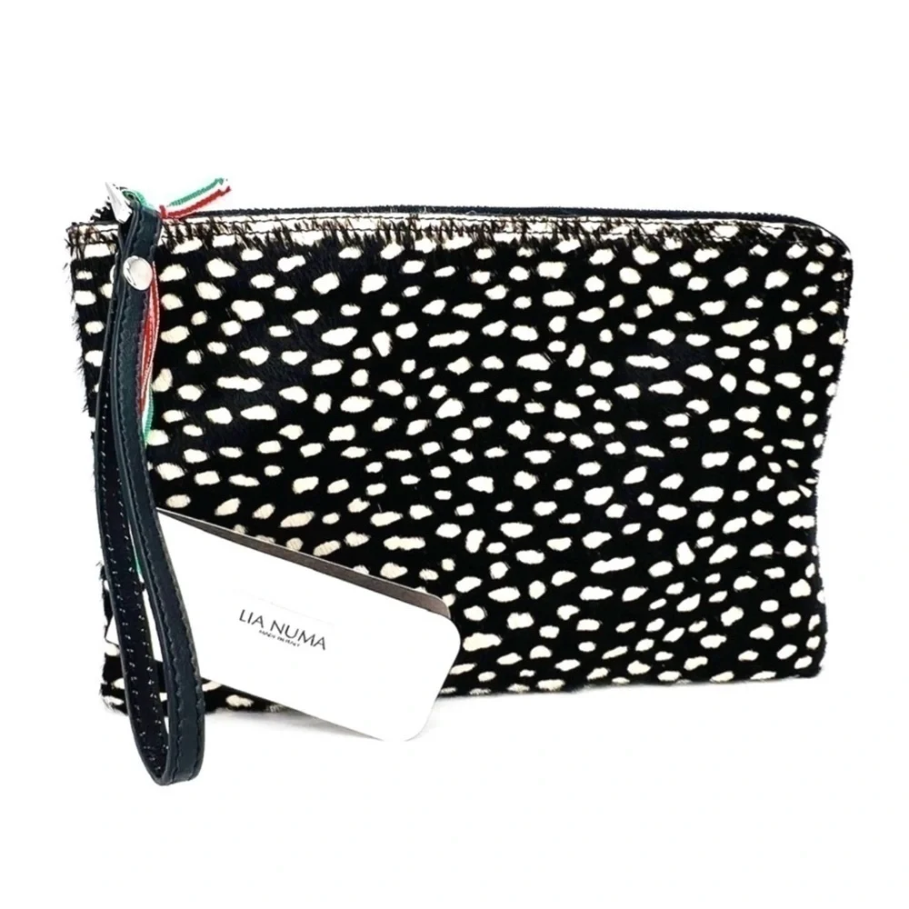 Lia Numa Clutch Wristlet Cowhide Animal Print Leather Black & White Bag New NWT